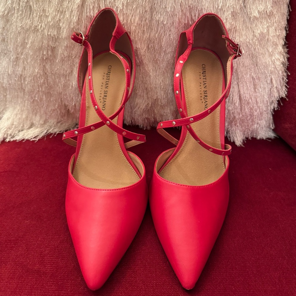 Christian Siriano Bright Red Pointed-Toe Strappy Heels